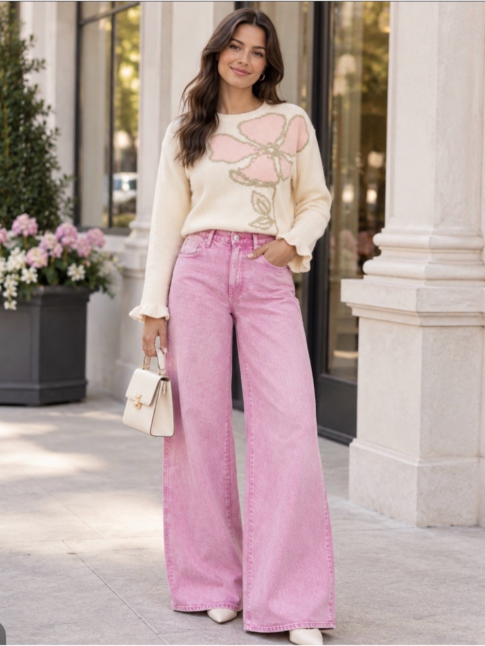 Love & Roses Floral Sweater + AMO Pink High Rise Jeans Size 8/29 Bundle